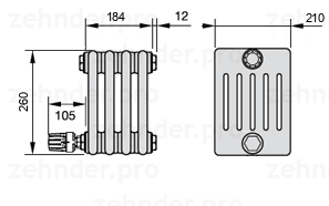 Схема (чертеж) Радиатор Zehnder Charleston 6026/4 №V004 Белый глянцевый RAL 9016